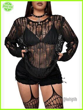 Plus Size Y2K Cut Out Long Sleeve Punk Sweater See Through Knitwear Grunge Top